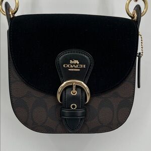 Coach Kleo C7966 Signature Print Black and Brown Pebbled Leather Crossbody Bag